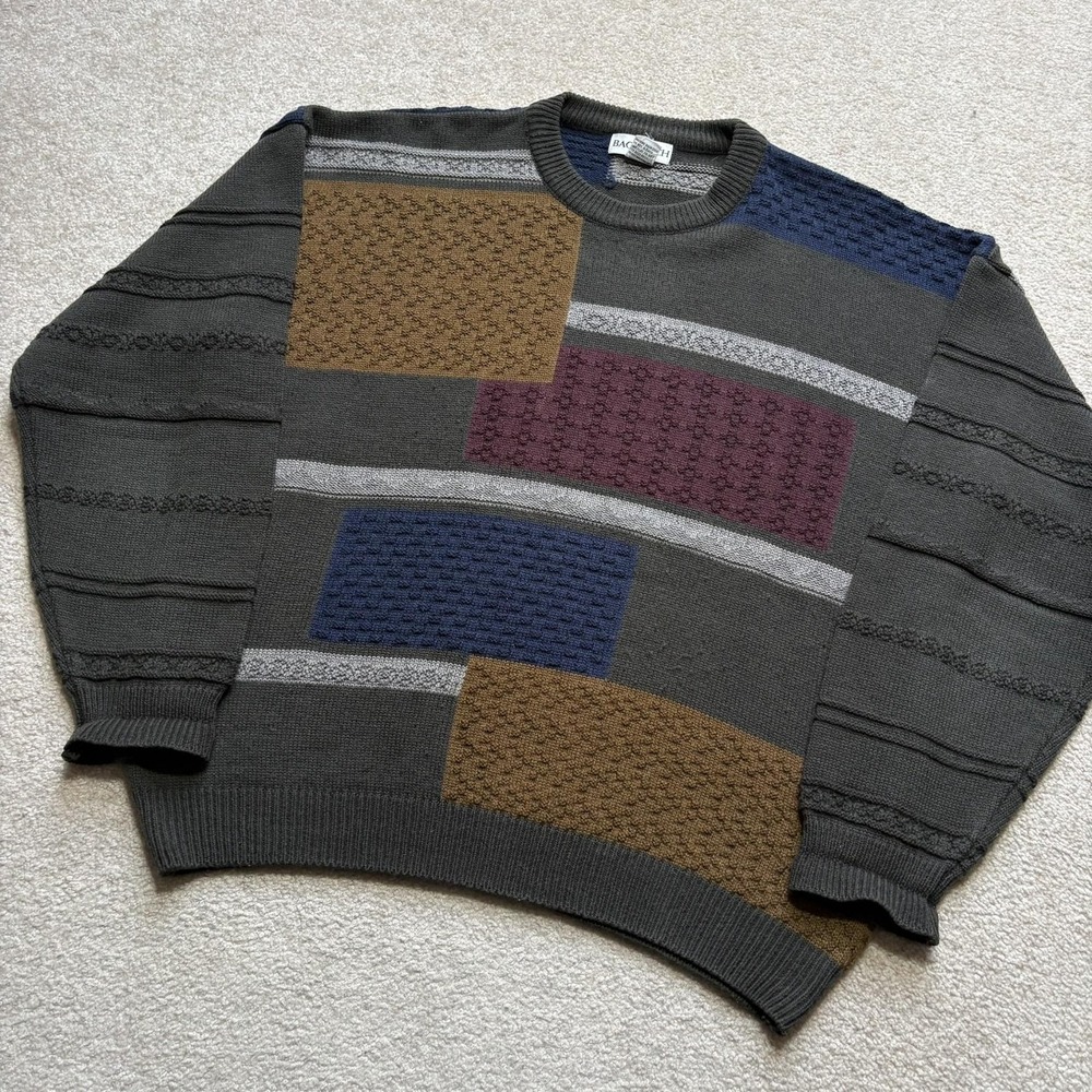 Vtg Bachrach Sweater Mens Large Multicolor Geometric Knit Crewneck Grandpa 90s - Picture 2 of 7